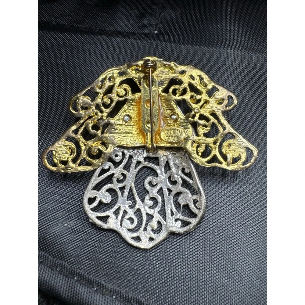Vtg Large Silver & Gold Tone Filigree Angel Brooch Pin Rhinestones & Faux Pearl